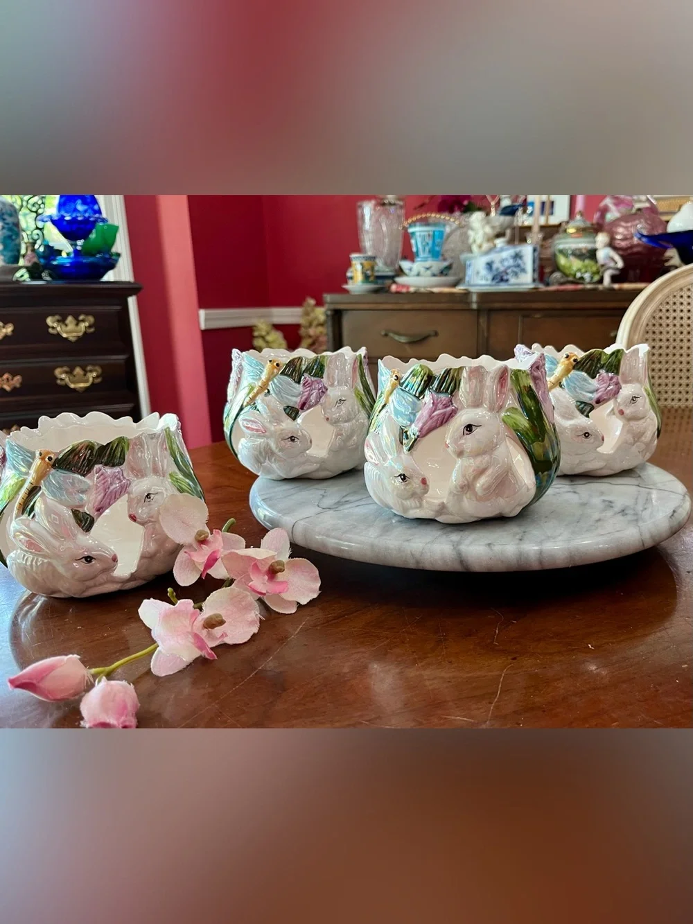 Vintage Easter Ceramic Bunny Candle Holder Set of 4, Flower Factory 4.5